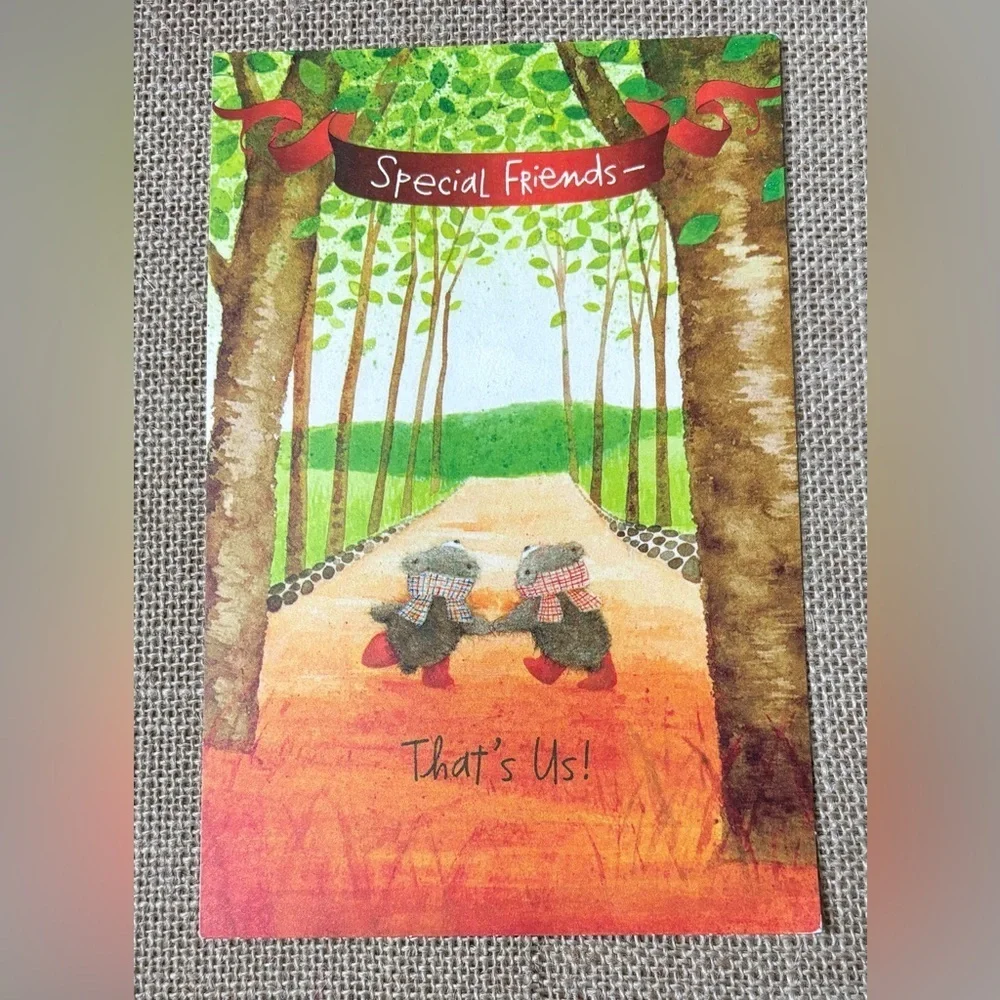 Anthropomorphic Bear Cubs Forest Path Friends Thanksgiving Card Junk Journaling